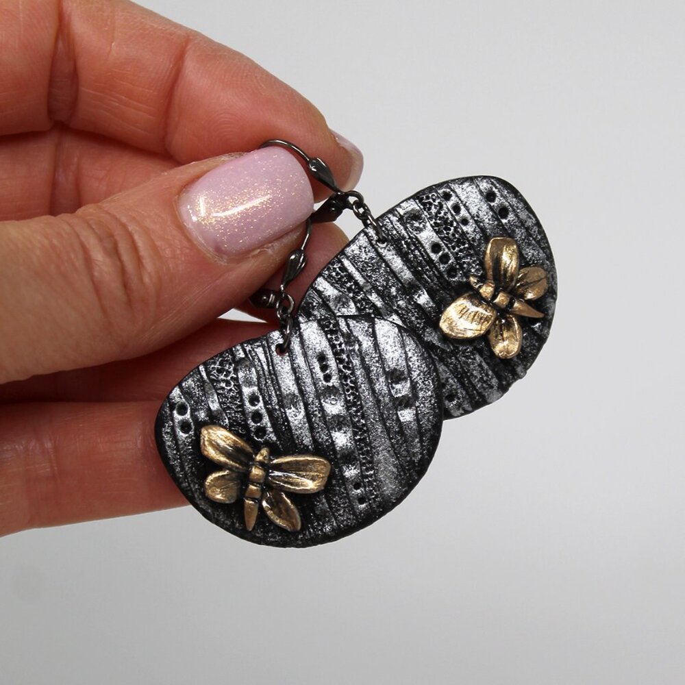 Handmade Black Metallic Butterfly Earrings | Polymer Clay